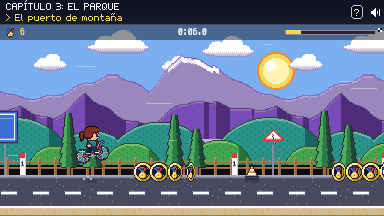 La protagonista sube en bici un puerto de montaña en pixel art, saltando entre medallas.
