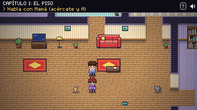 Un salón en pixel art con sofá rojo, tele, alfombras, la familia y las mascotas.