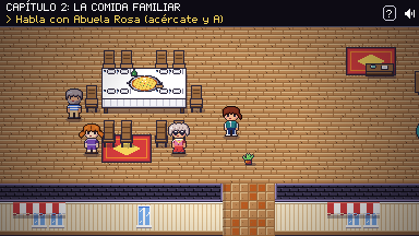 Una comida familiar en pixel art: mesa larga con mantel, paella en el centro y la familia alrededor.