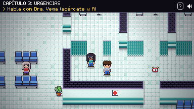 Urgencias de un hospital en pixel art con boxes, sala de espera y una doctora.