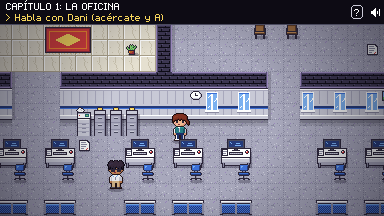 Una oficina en pixel art con mesas, impresora y la sala de reuniones acristalada.