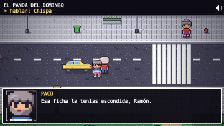Ramón y su amigo junto al Seat Panda amarillo en una calle pixelada.